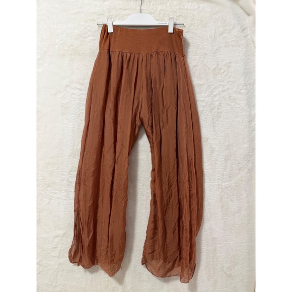 Tina Stephens Pants - Tina Stephens Italy Wide Leg Palazzo Pants Rust Terracotta Silk Layered Slit S/M